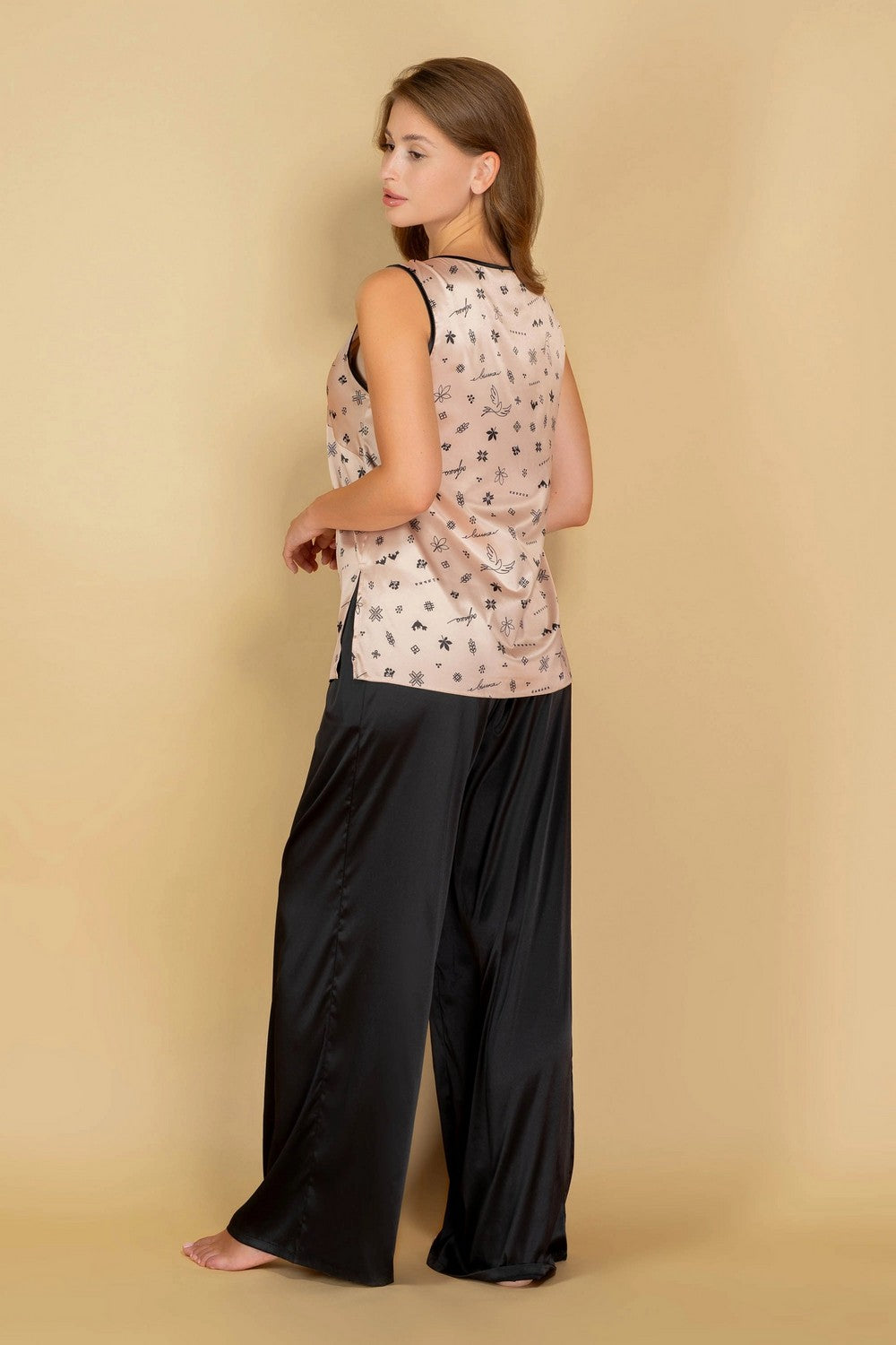 Сатиновая пижама с брюками 806-6211 black/beige