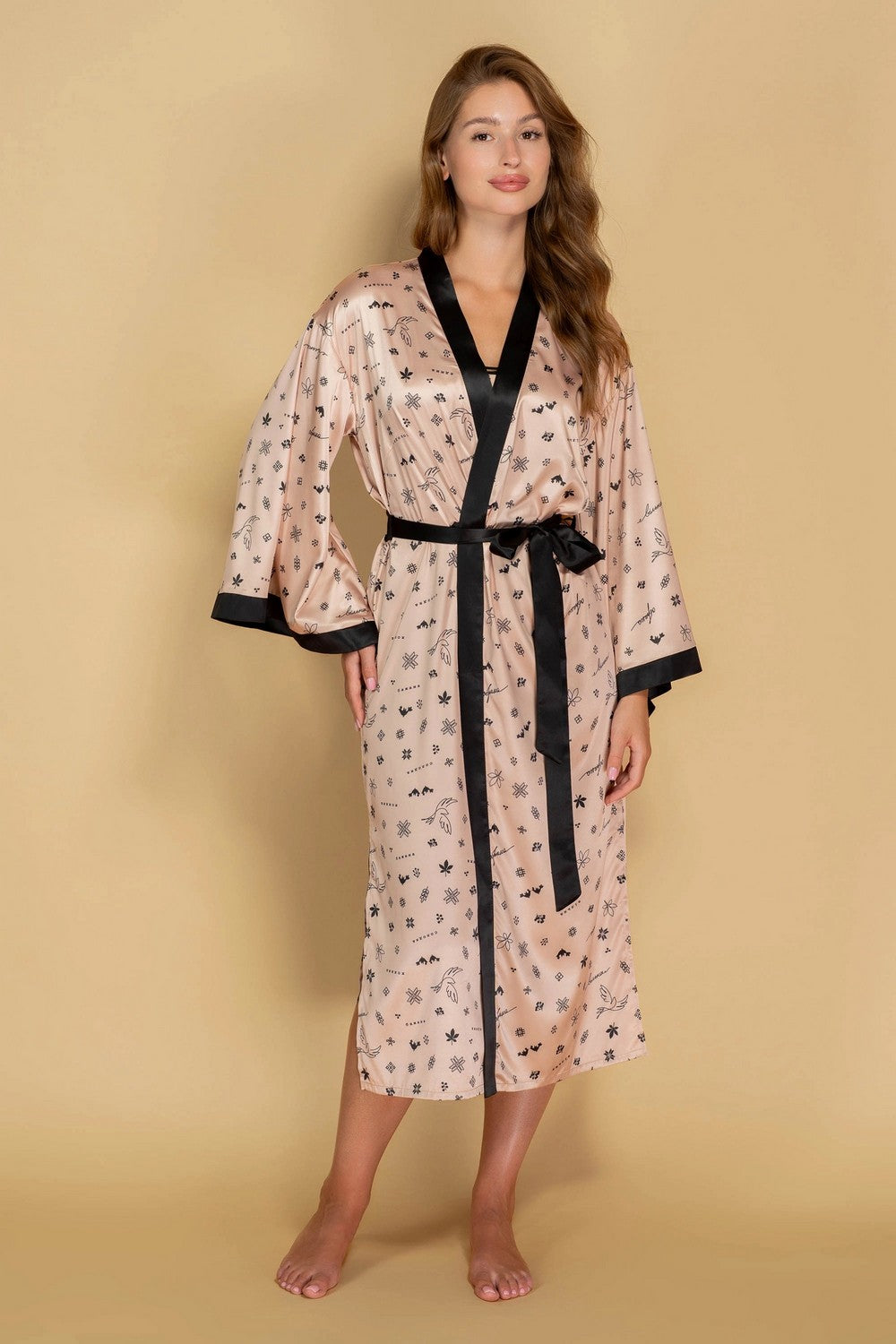 Довгий халат з принтом 806-6784 beige