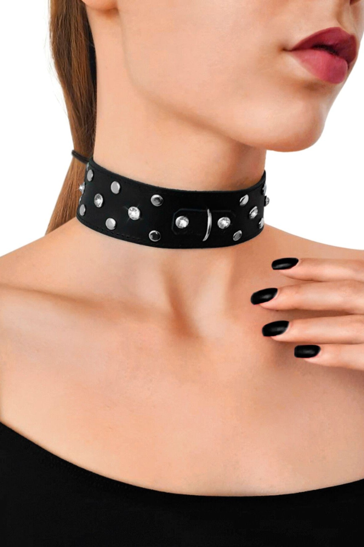 Кожаный ошейник со стразами Jenna Collar black