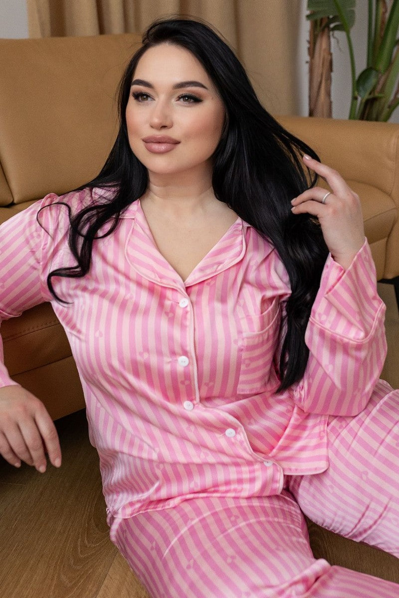 Шелковая пижама П1700 rose stripes/heart