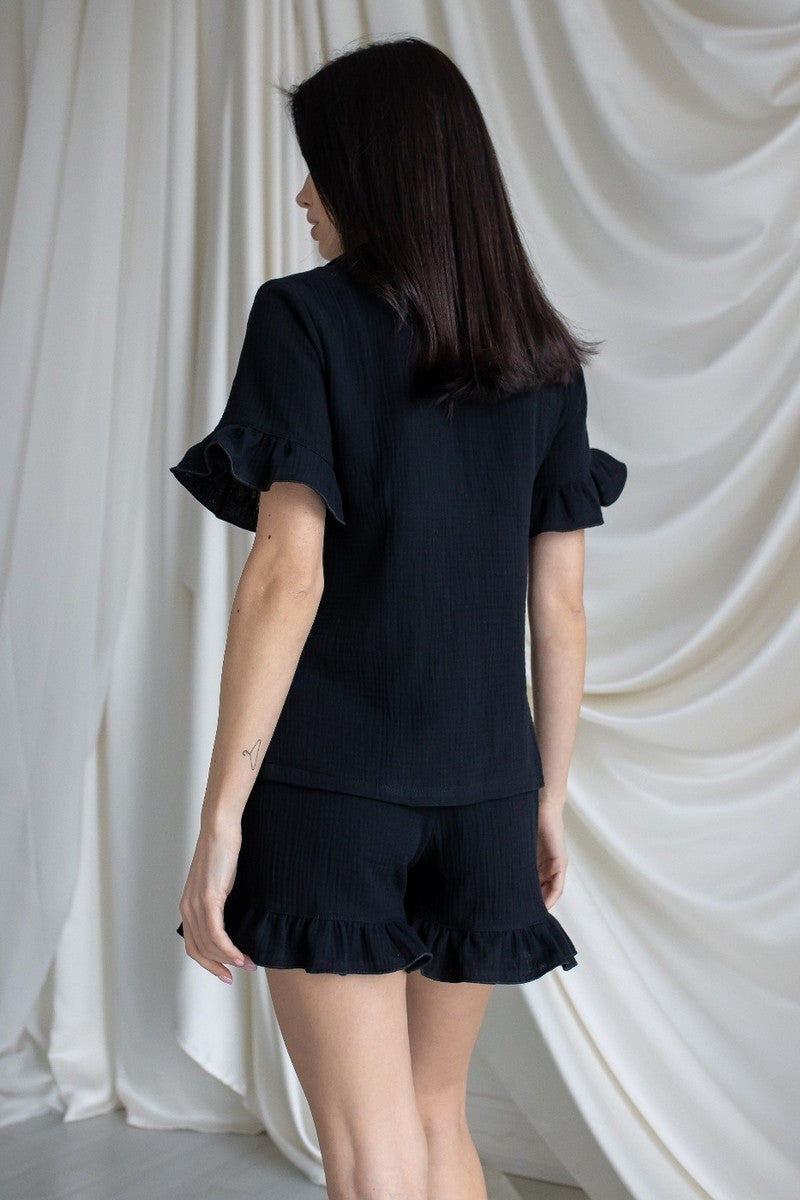 Піжама з мусліну з рюшами Пч1825 black MiaNaGreen