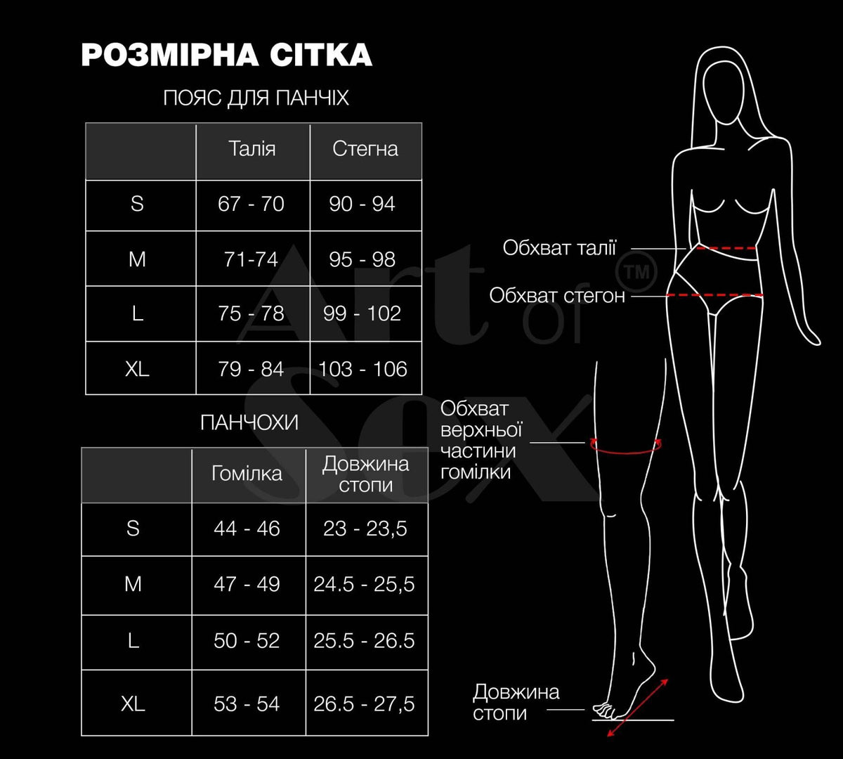 Комплект із сітки (пояс + панчохи) Deily black Art of Sex таблиця розмірів