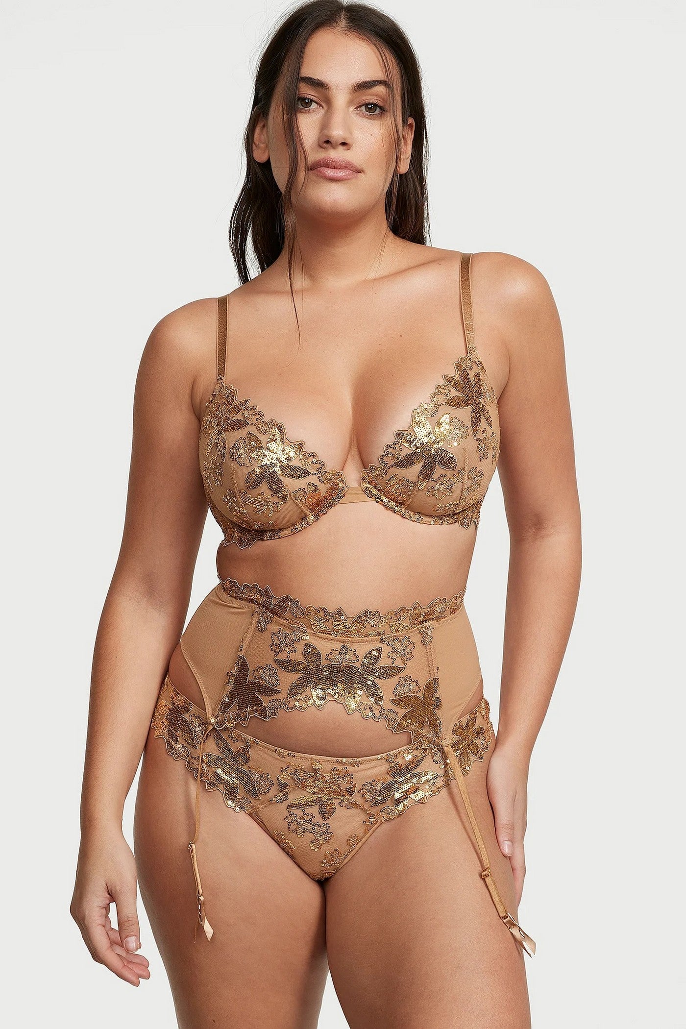 Пояс для чулок с пайетками 859076935 beige