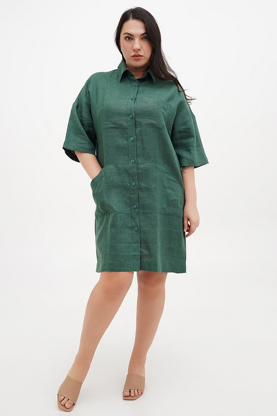 Льняное платье на пуговицах 106 green grass