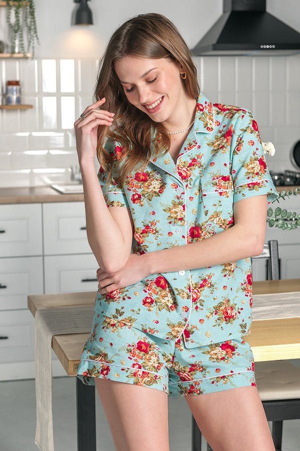 Льняная пижама с шортами 404 Aqua flower print