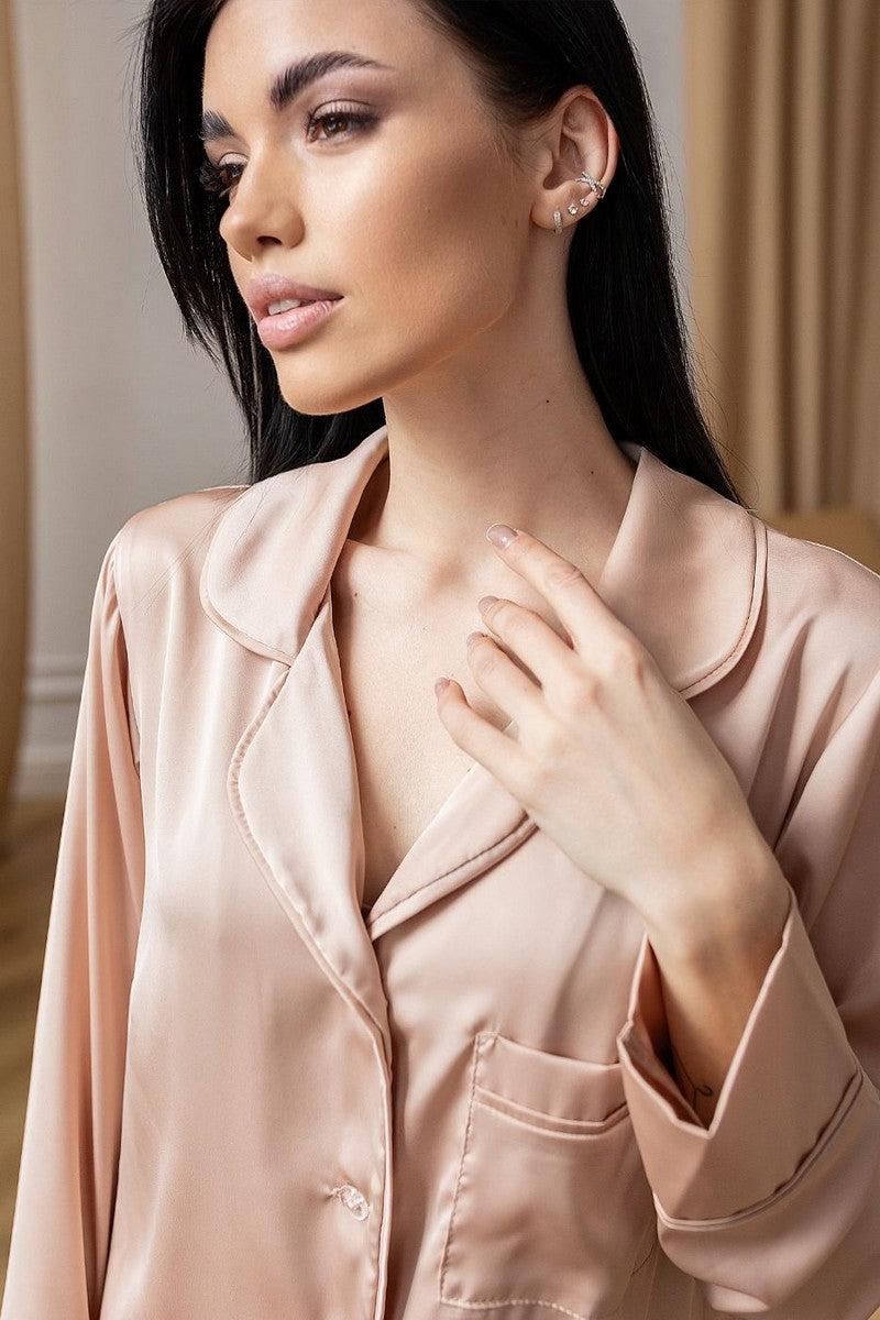 Шелковое платье-рубашка на пуговицах Рбж1385 beige