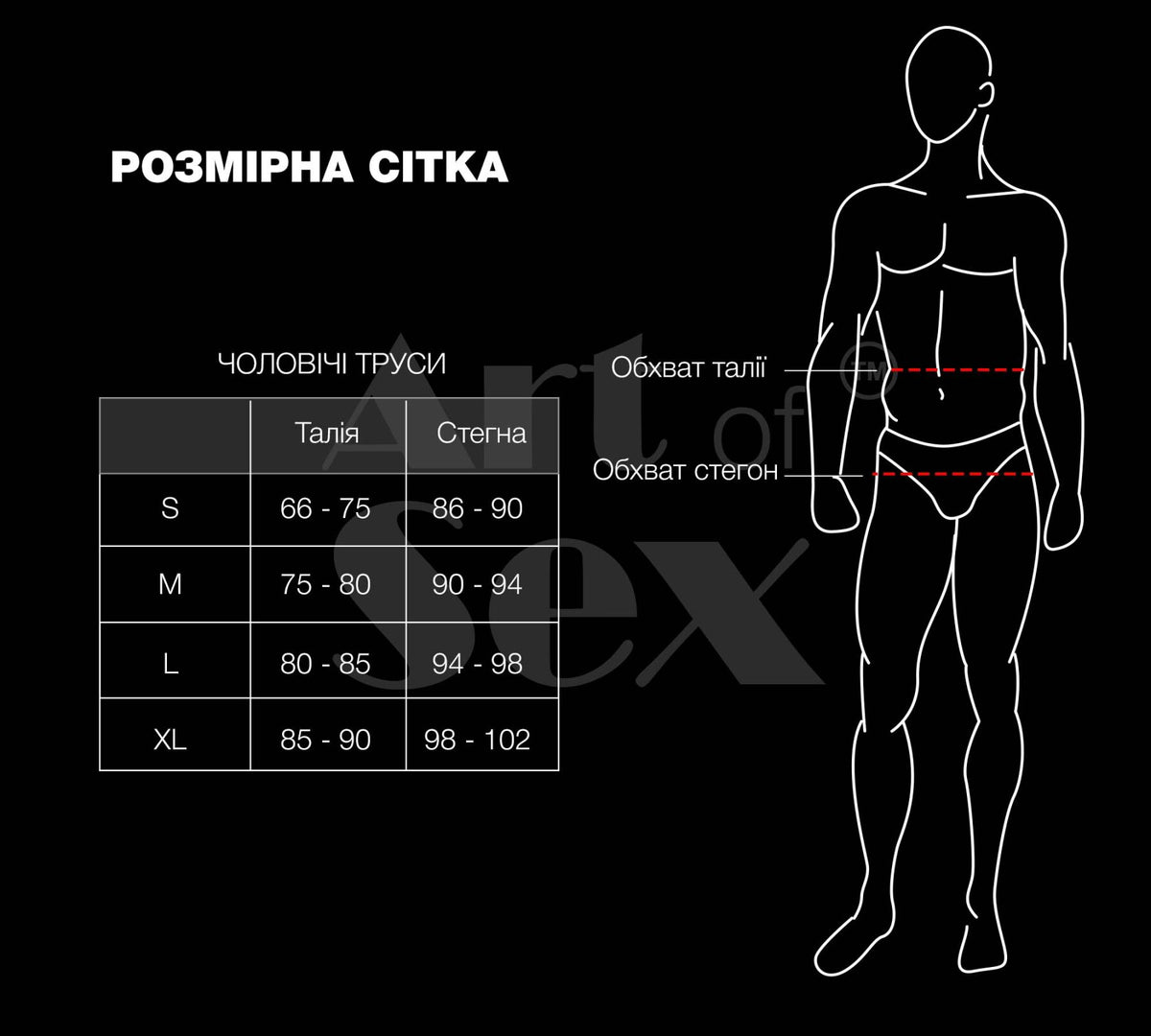 Чоловічі труси з ефектом мокрого оксамиту Gladiator Art of Sex таблиця розмірів