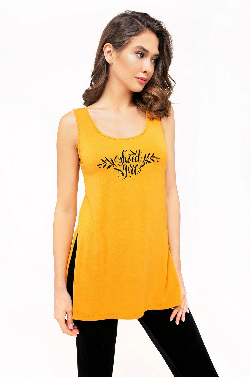 Удлиненная майка из модала 6252-1 mustard