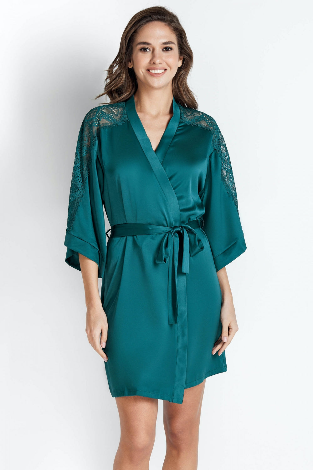 Сатиновый халат с кружевом 8157-6758 Nika emerald
