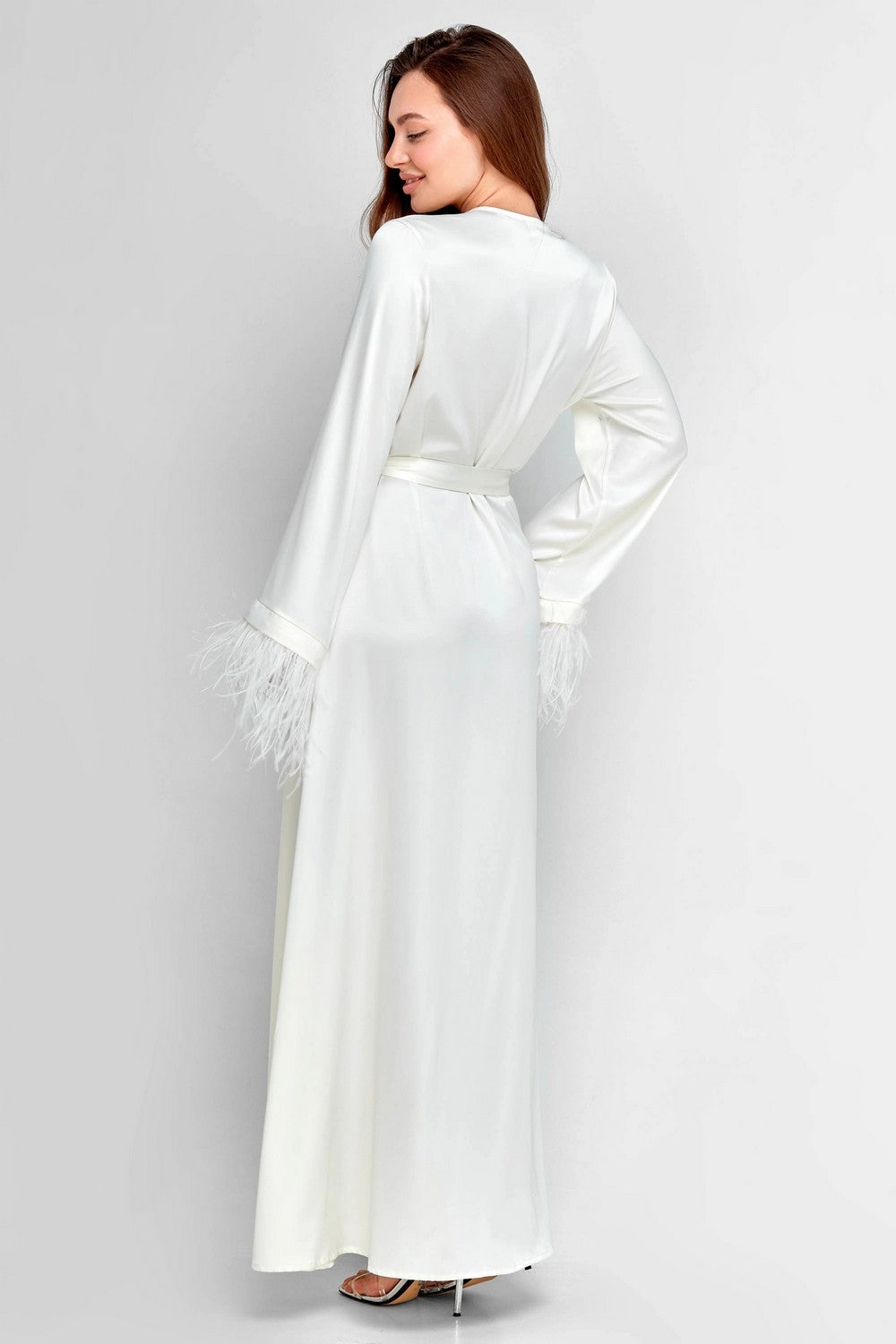 Длинный халат с перьями 8175-6775 champagne