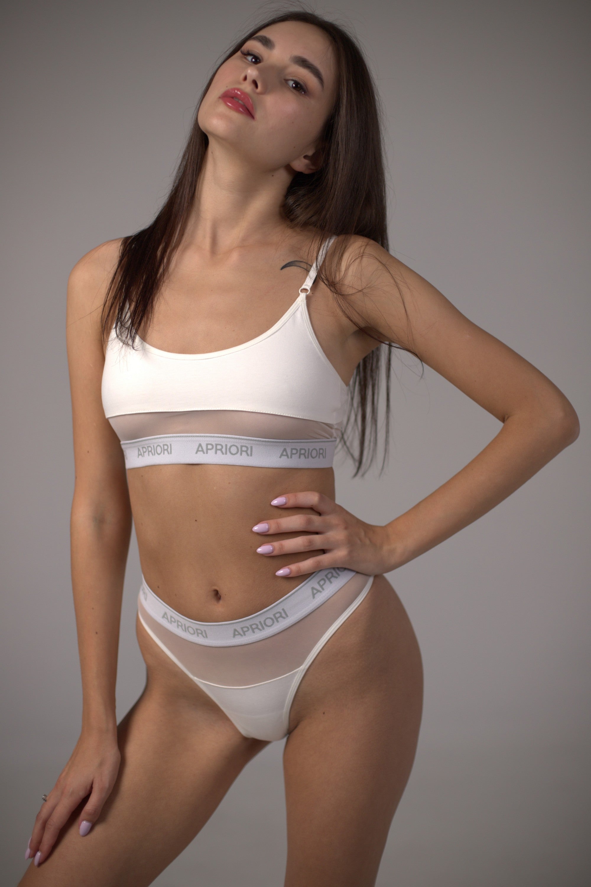 Хлопковые трусики стринг с сеткой AU-20010 champagne