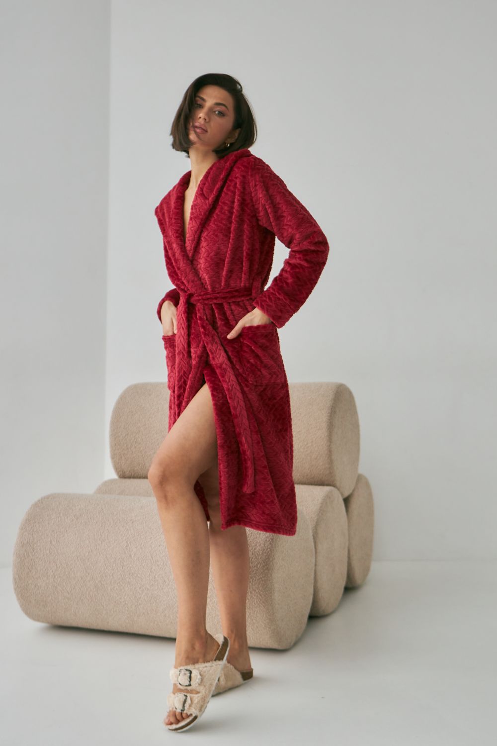 Халат из велсофта с капюшоном 0227/1 red