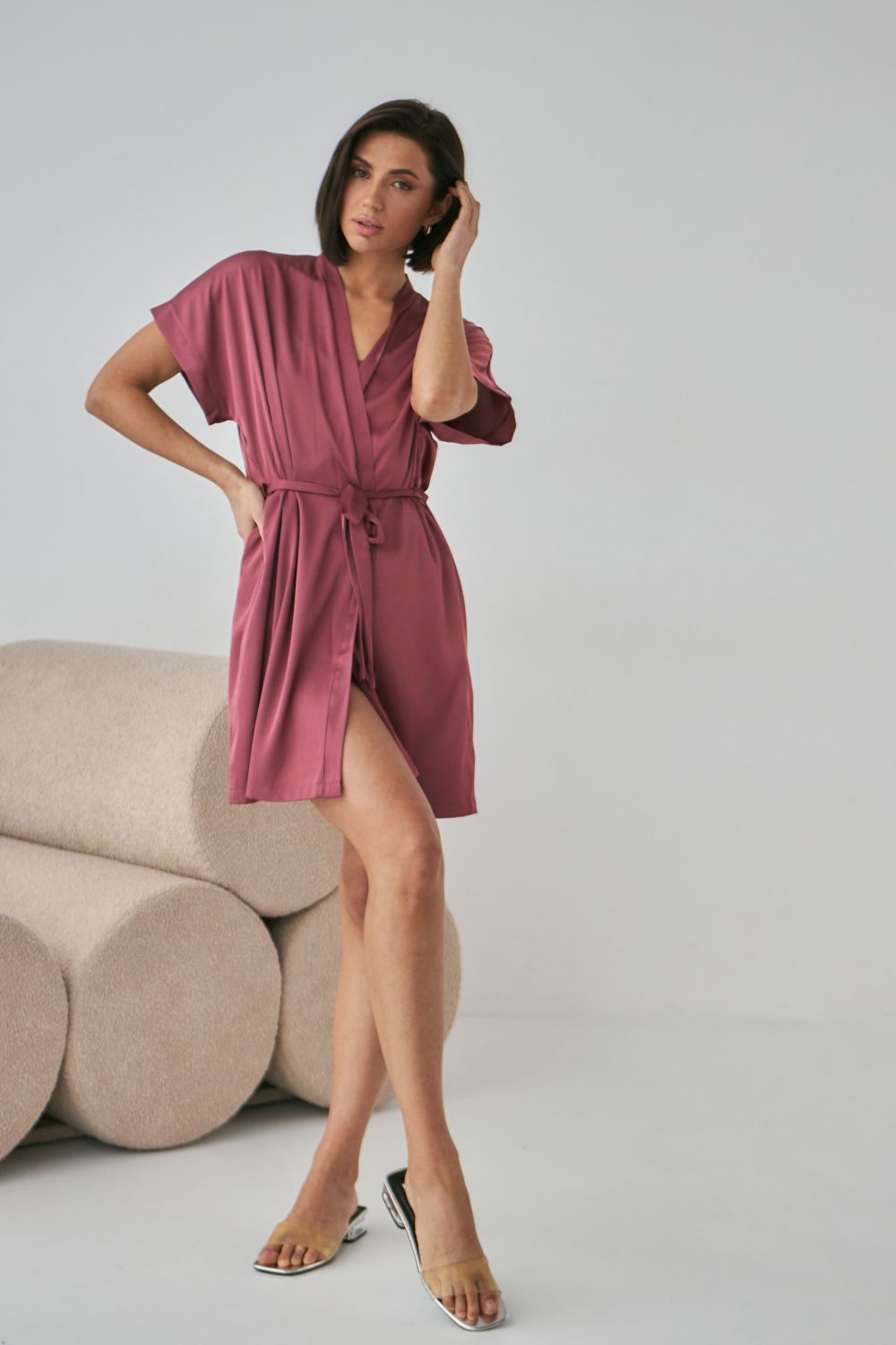 Шелковый халат с короткими рукавами 0242 dark rose