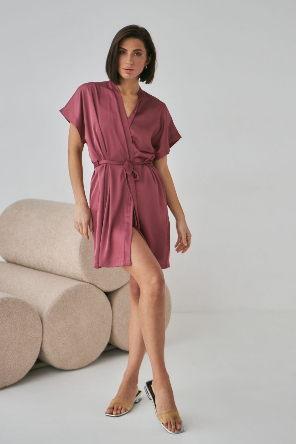 Шелковый халат с короткими рукавами 0242 dark rose