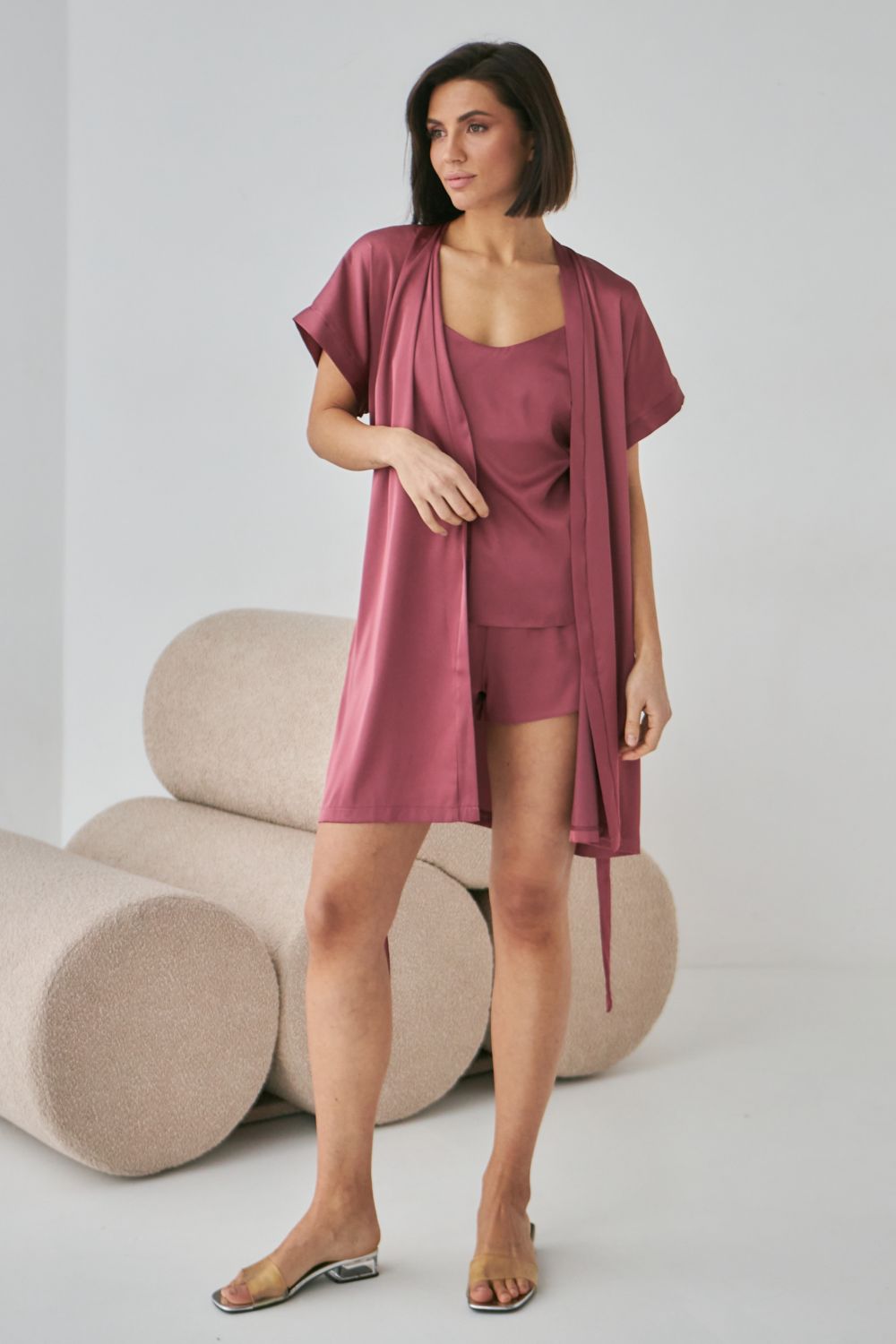 Шелковый халат с короткими рукавами 0242 dark rose