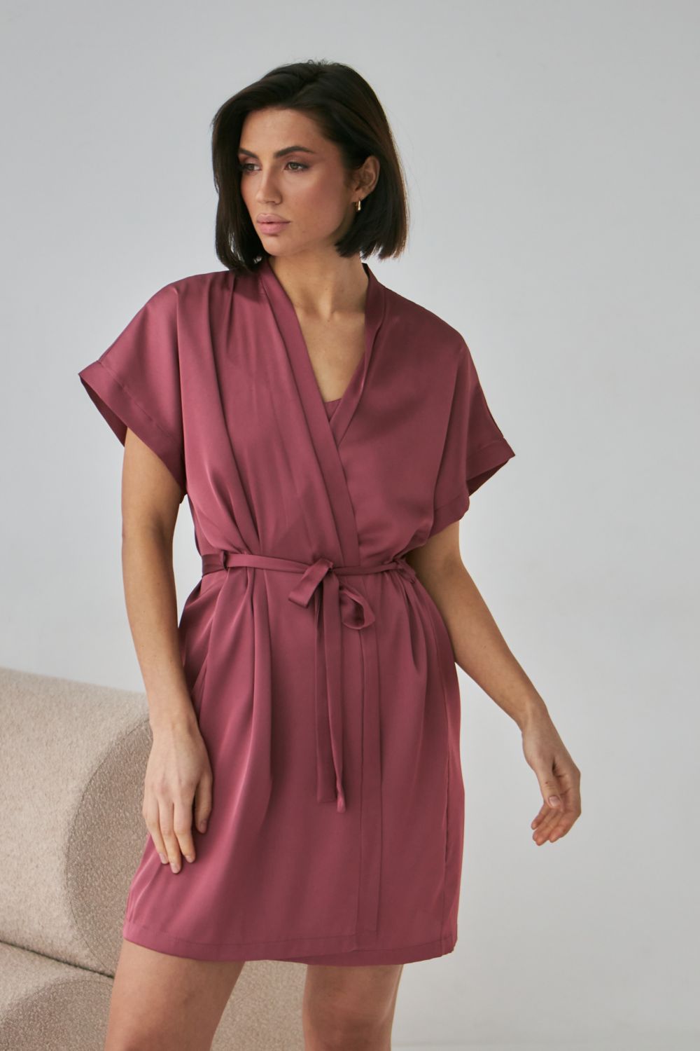 Шелковый халат с короткими рукавами 0242 dark rose