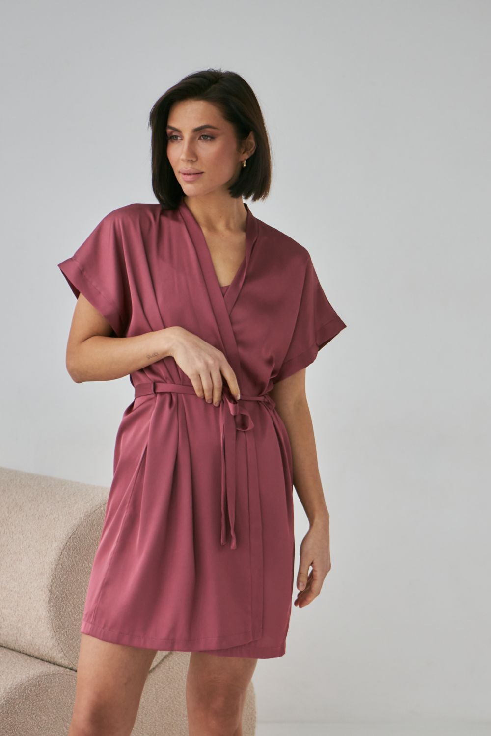 Шелковый халат с короткими рукавами 0242 dark rose