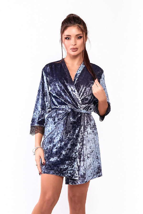 Велюровый халат с кружевом 0251 blue/grey