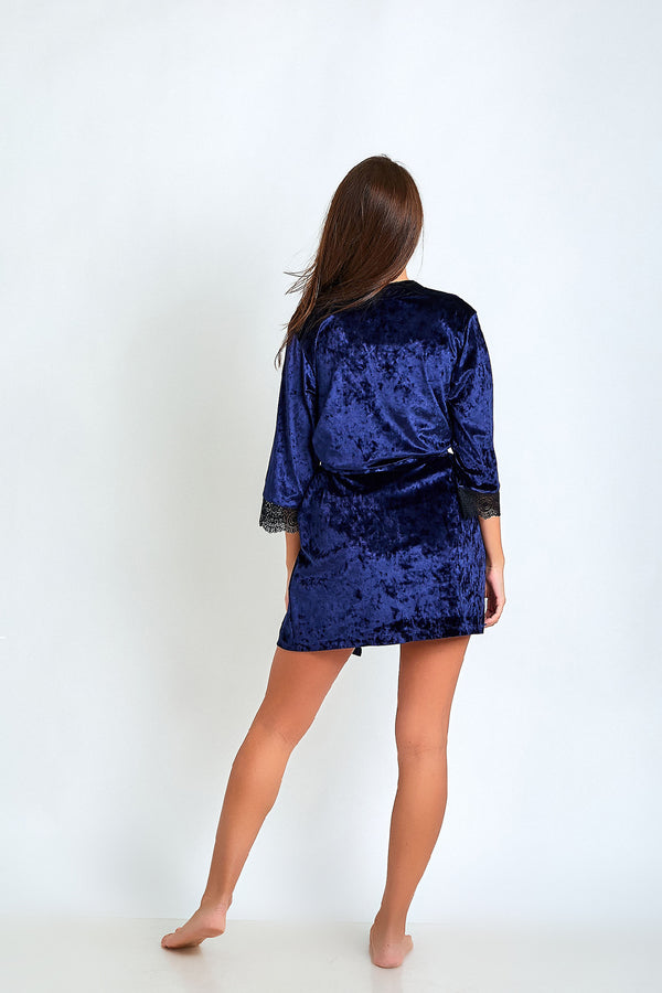 Велюровый халат с кружевом 0251 dark blue