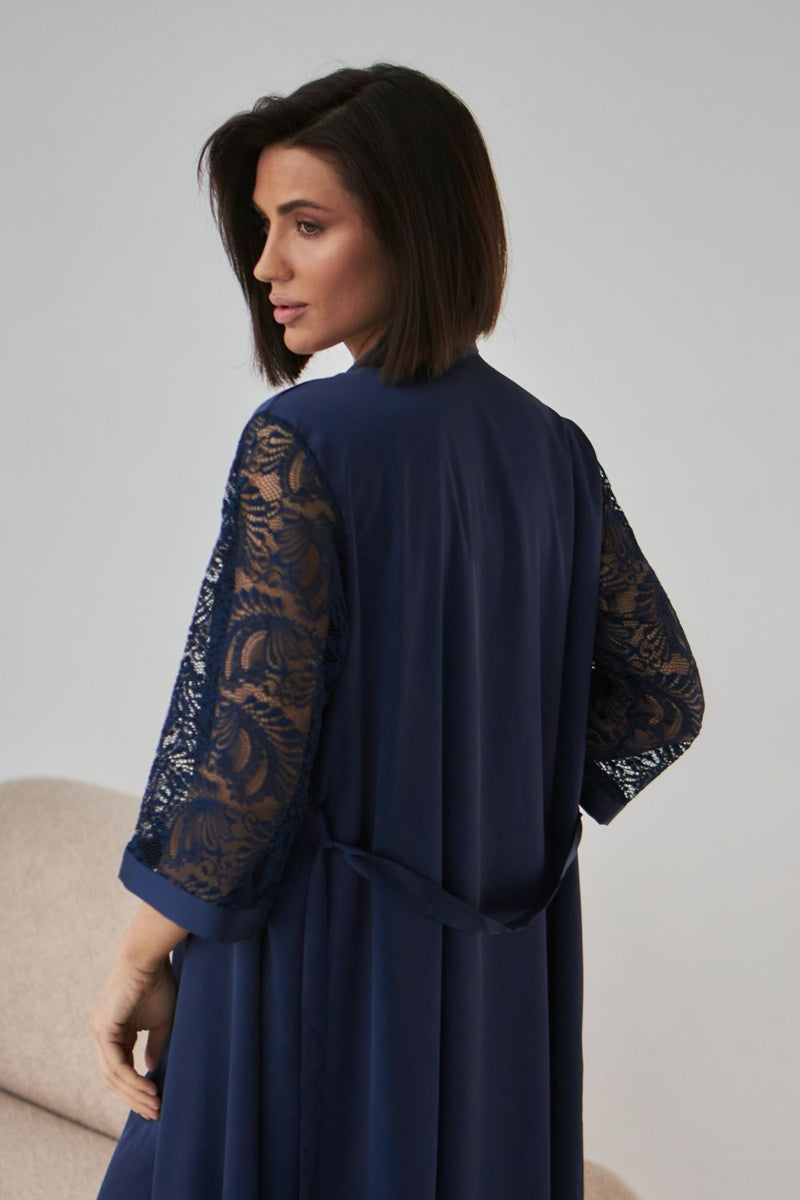 Шелковый халат с кружевными рукавами 0337 dark blue