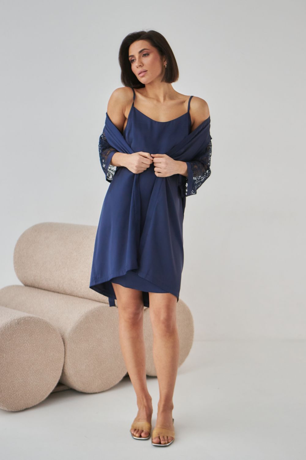 Шелковый халат с кружевными рукавами 0337 dark blue