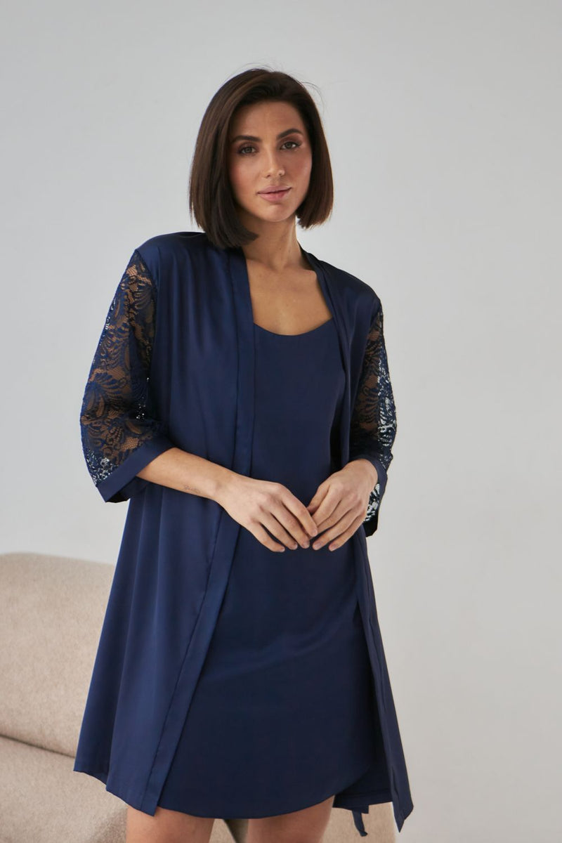 Шелковый халат с кружевными рукавами 0337 dark blue
