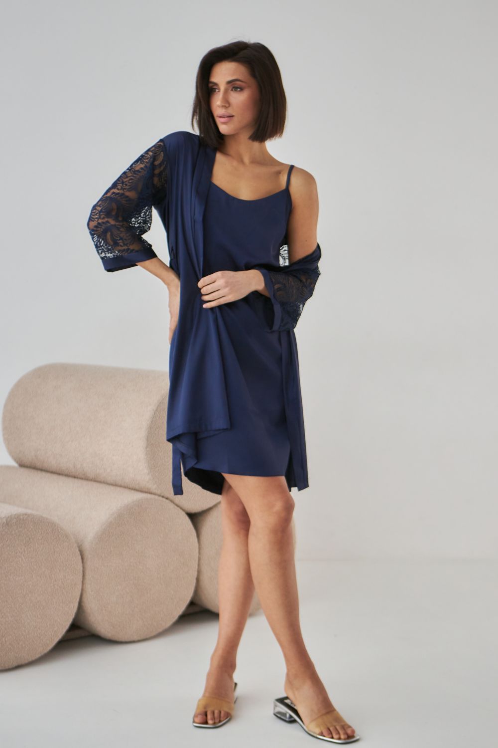 Шелковая сорочка с кружевной спинкой 0338 dark blue