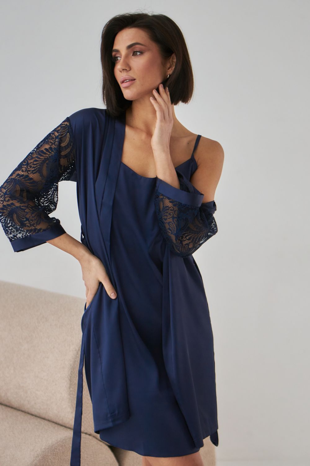 Шелковая сорочка с кружевной спинкой 0338 dark blue