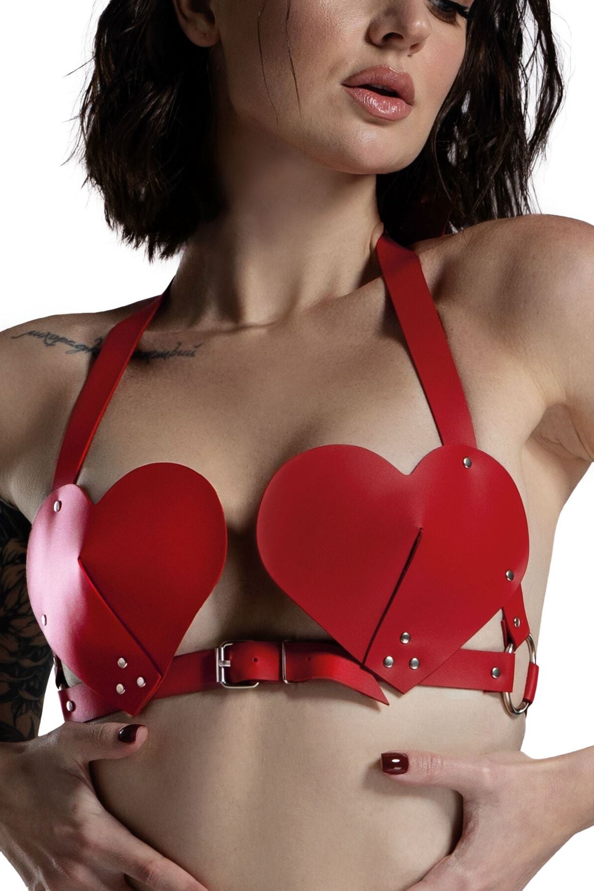 Кожаный лиф с заклепками Hearts Bra red