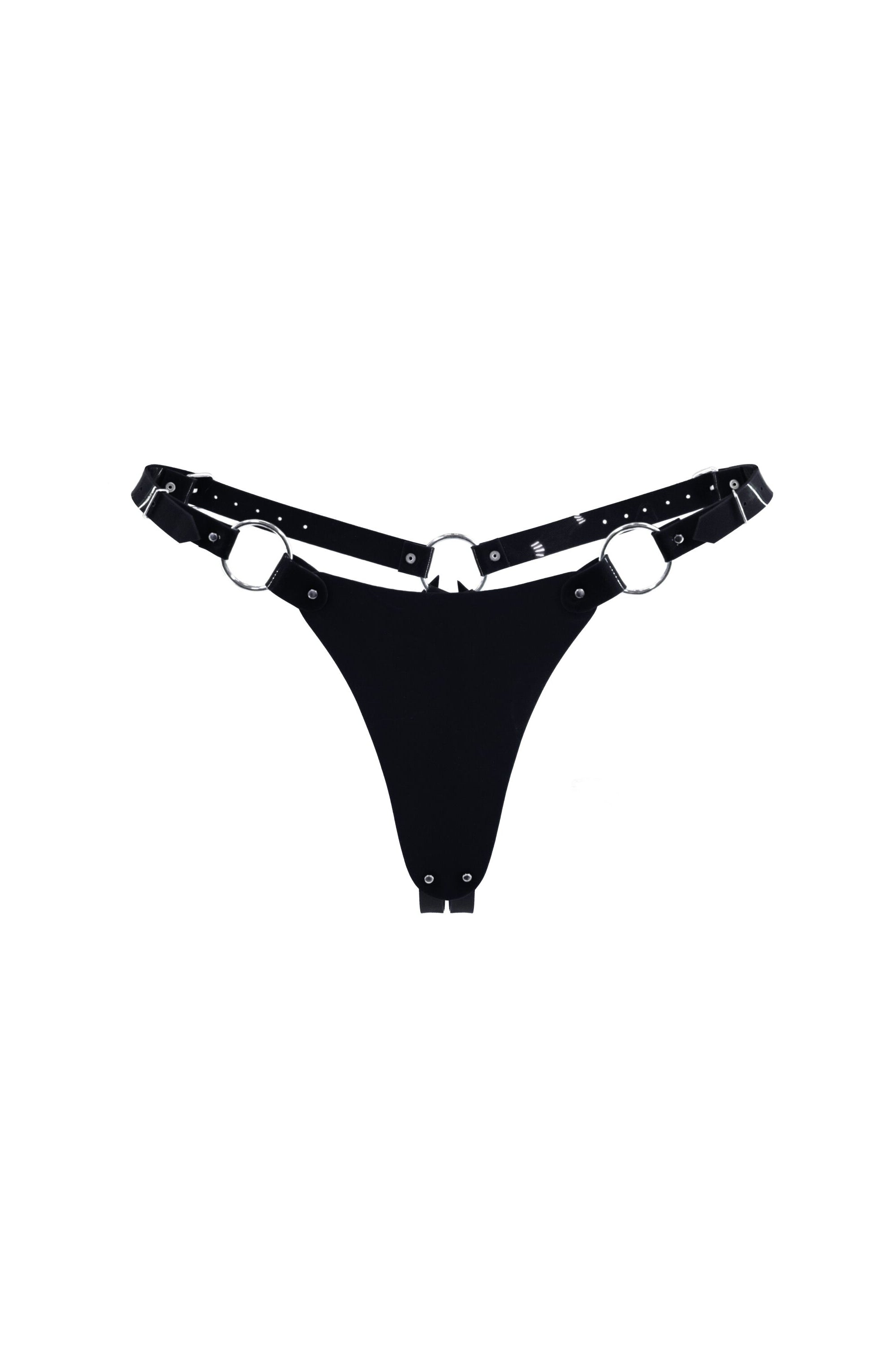 Кожаные трусики стринг с разрезом String Bikini black