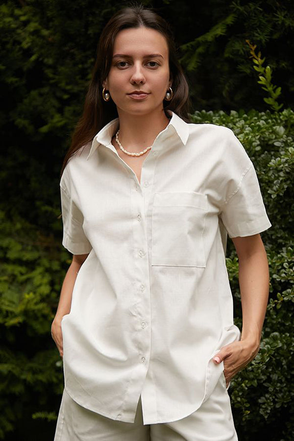 Льняная рубашка с коротким рукавом LN0059-09-50 cream