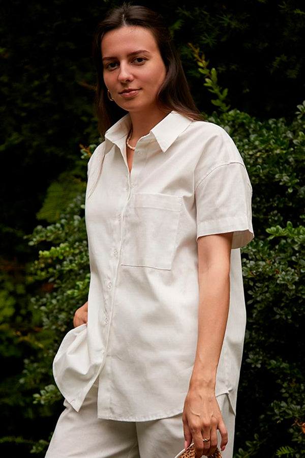 Льняная рубашка с коротким рукавом LN0059-09-50 cream