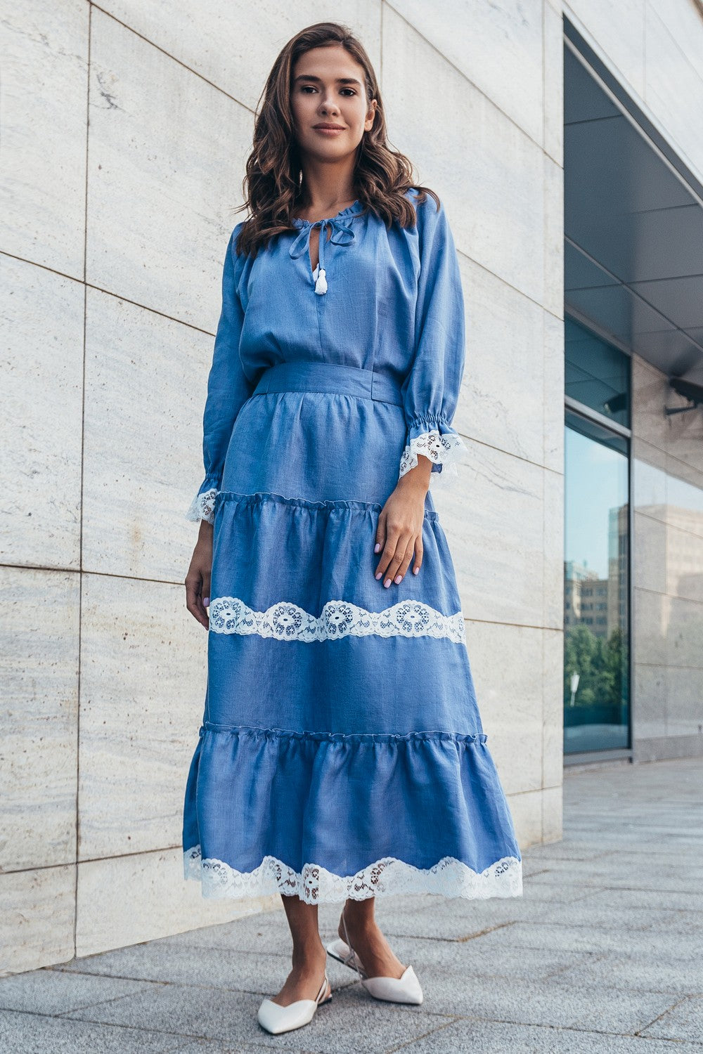 Льняной костюм с кружевом Бохо 21041-1 blue