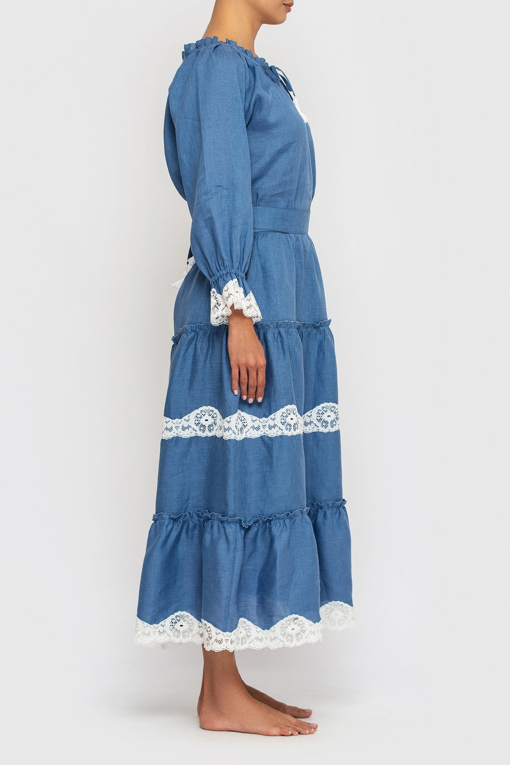 Льняной костюм с кружевом Бохо 21041-1 blue