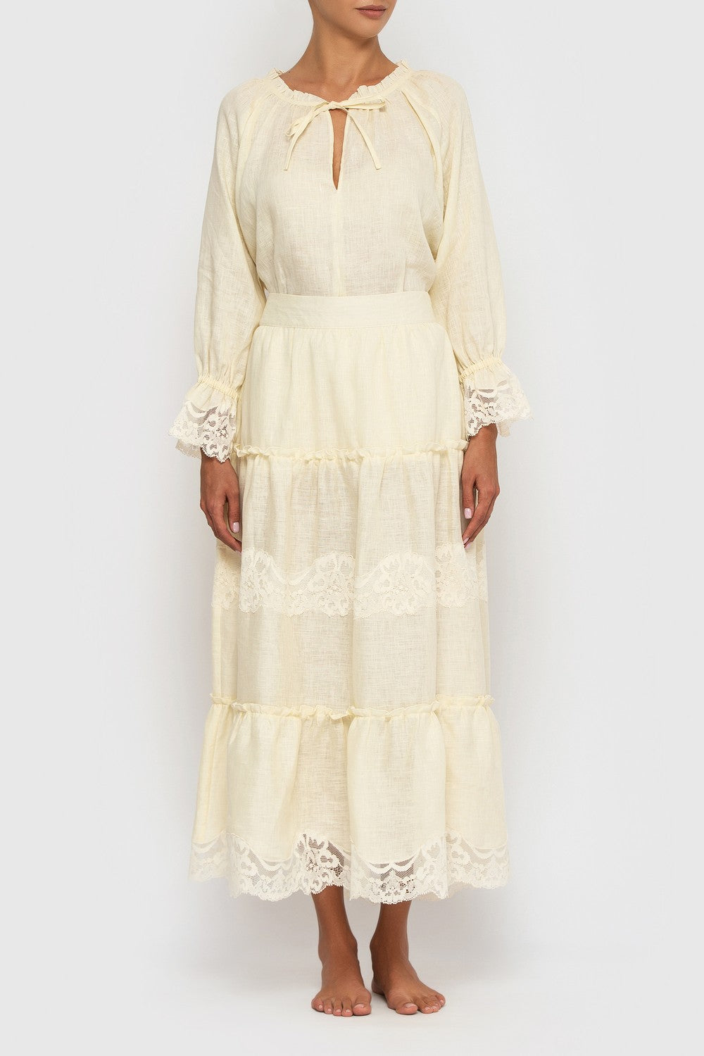 Льняной костюм с кружевом Бохо 21041-2 milk