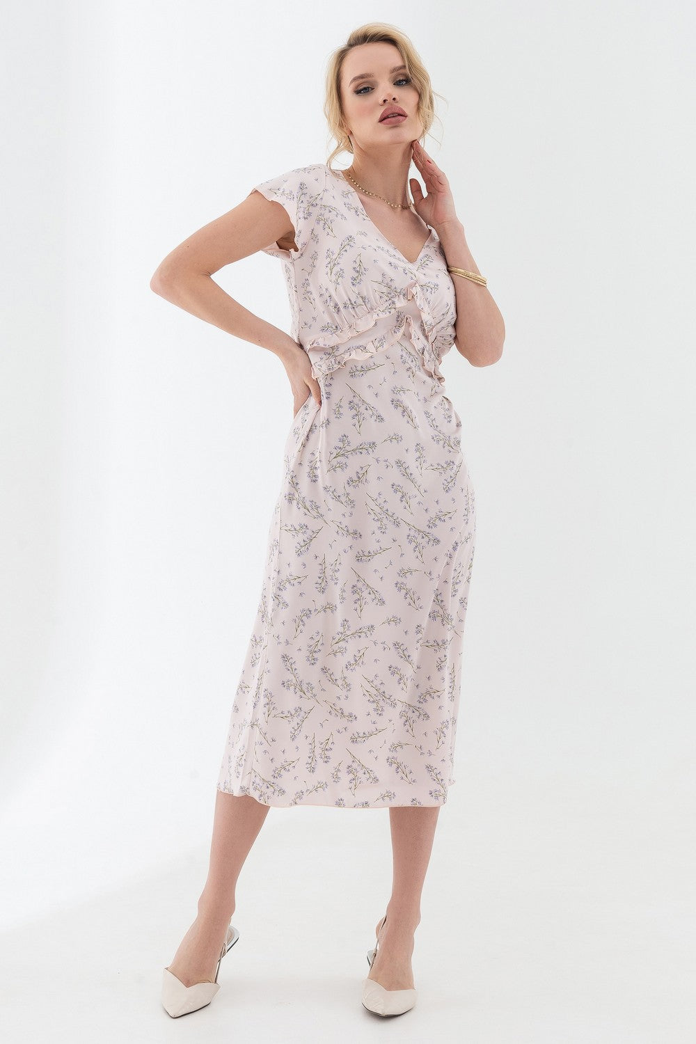 Шелковое платье с цветочным принтом 21075-2 powder