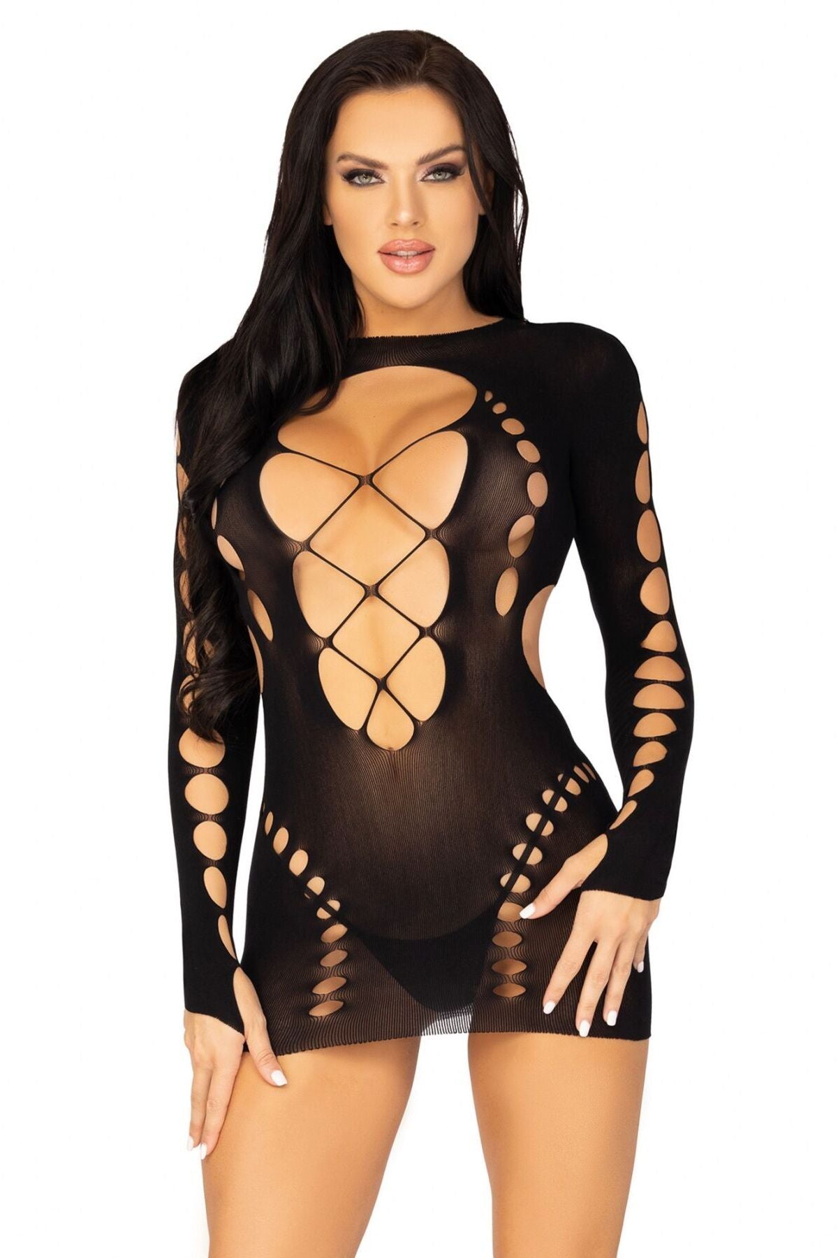 Бесшовное платье мини Long Sleeve Cut Out black