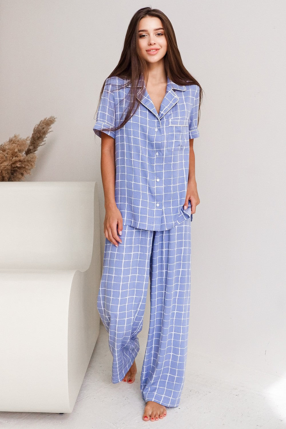 Хлопковая рубашка на пуговицах V7708 blue/white