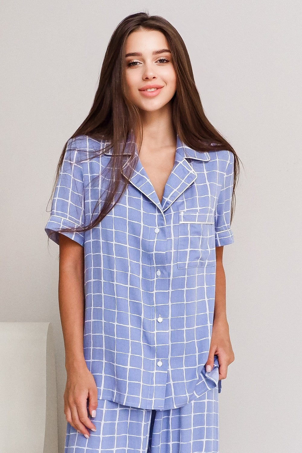 Хлопковая рубашка на пуговицах V7708 blue/white