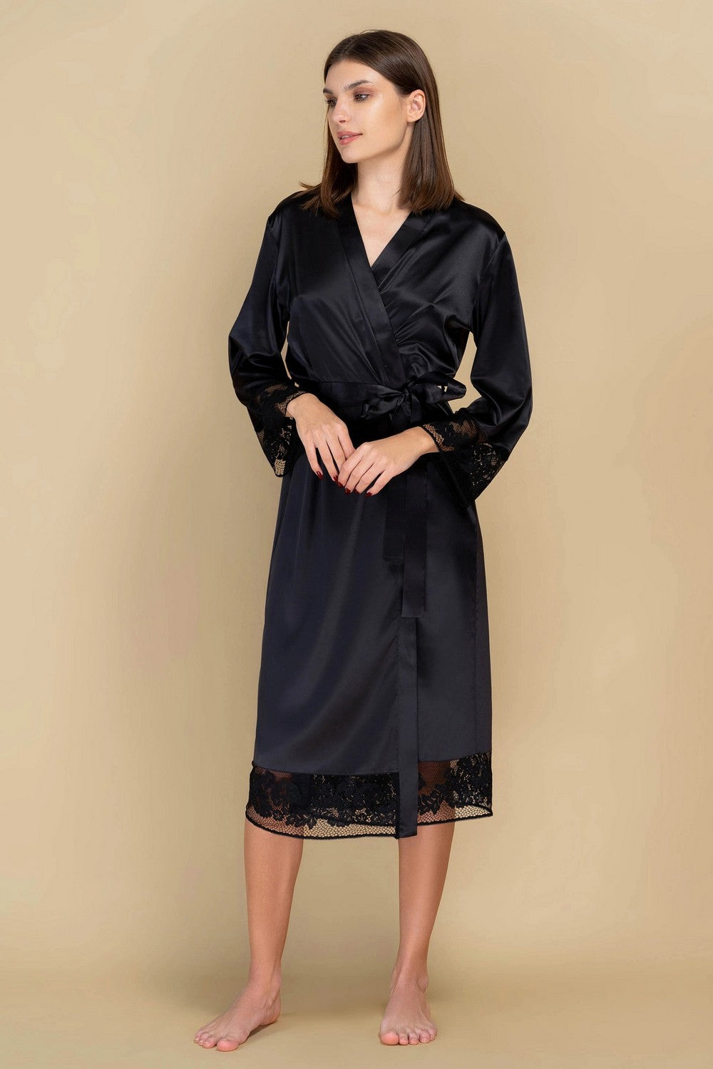 Халат из сатина и и кружева 808-6763 black