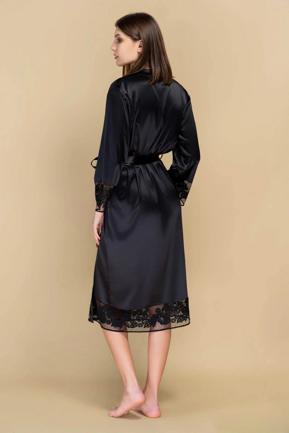 Халат из сатина и и кружева 808-6763 black