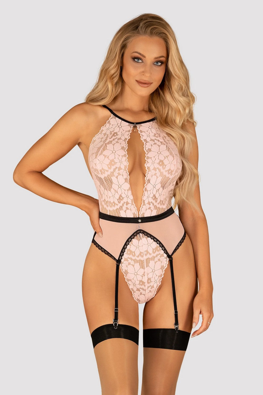 Кружевное боди с поясом для чулок Lilines rose