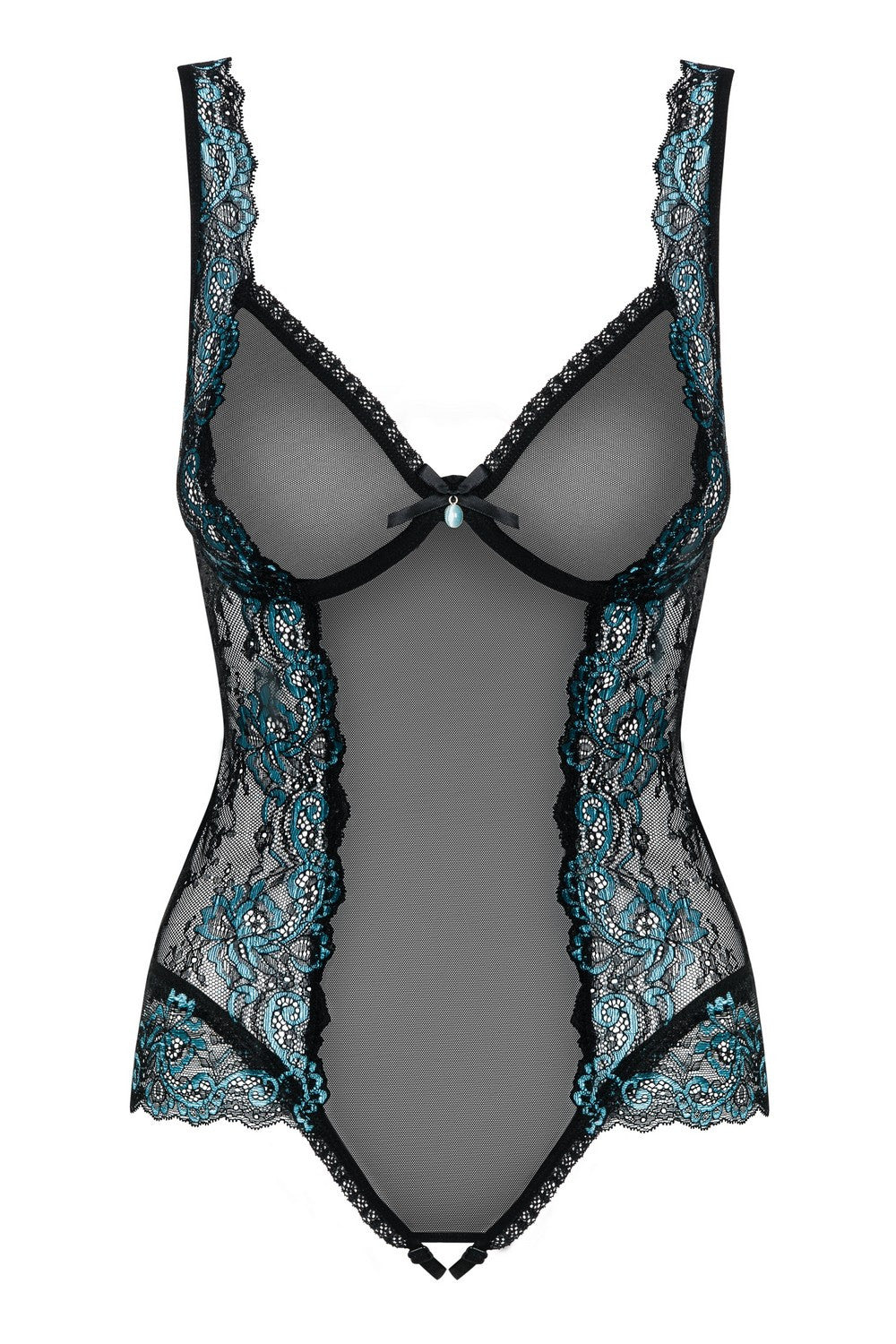 Боди с черно-бирюзовым кружевом и интимным разрезом Amanta