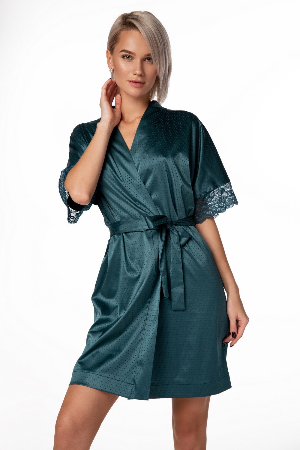 Сатиновый халат с кружевом Gillian malachite