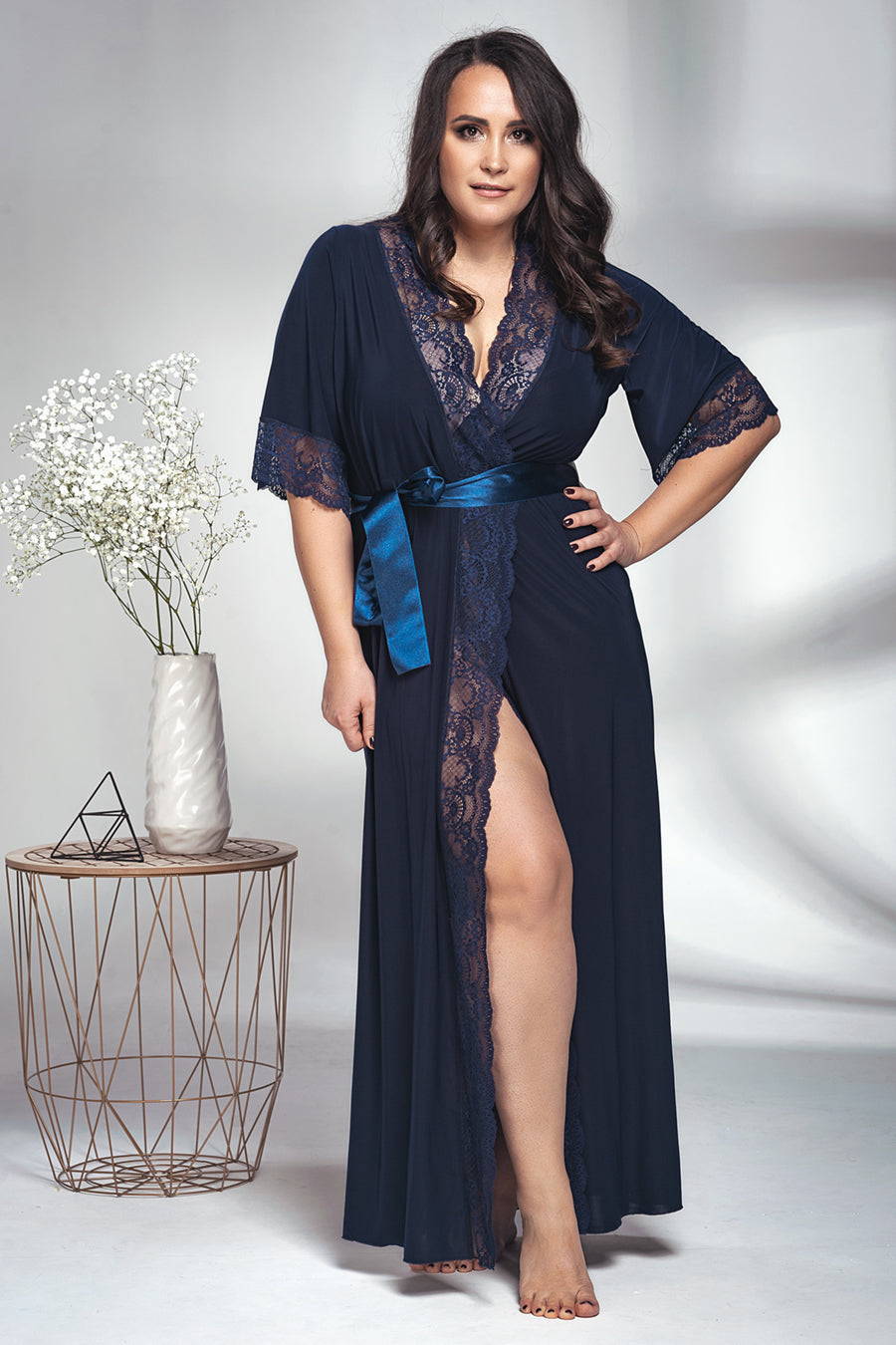 Длинный халат с кружевом 1341/1 navy blue