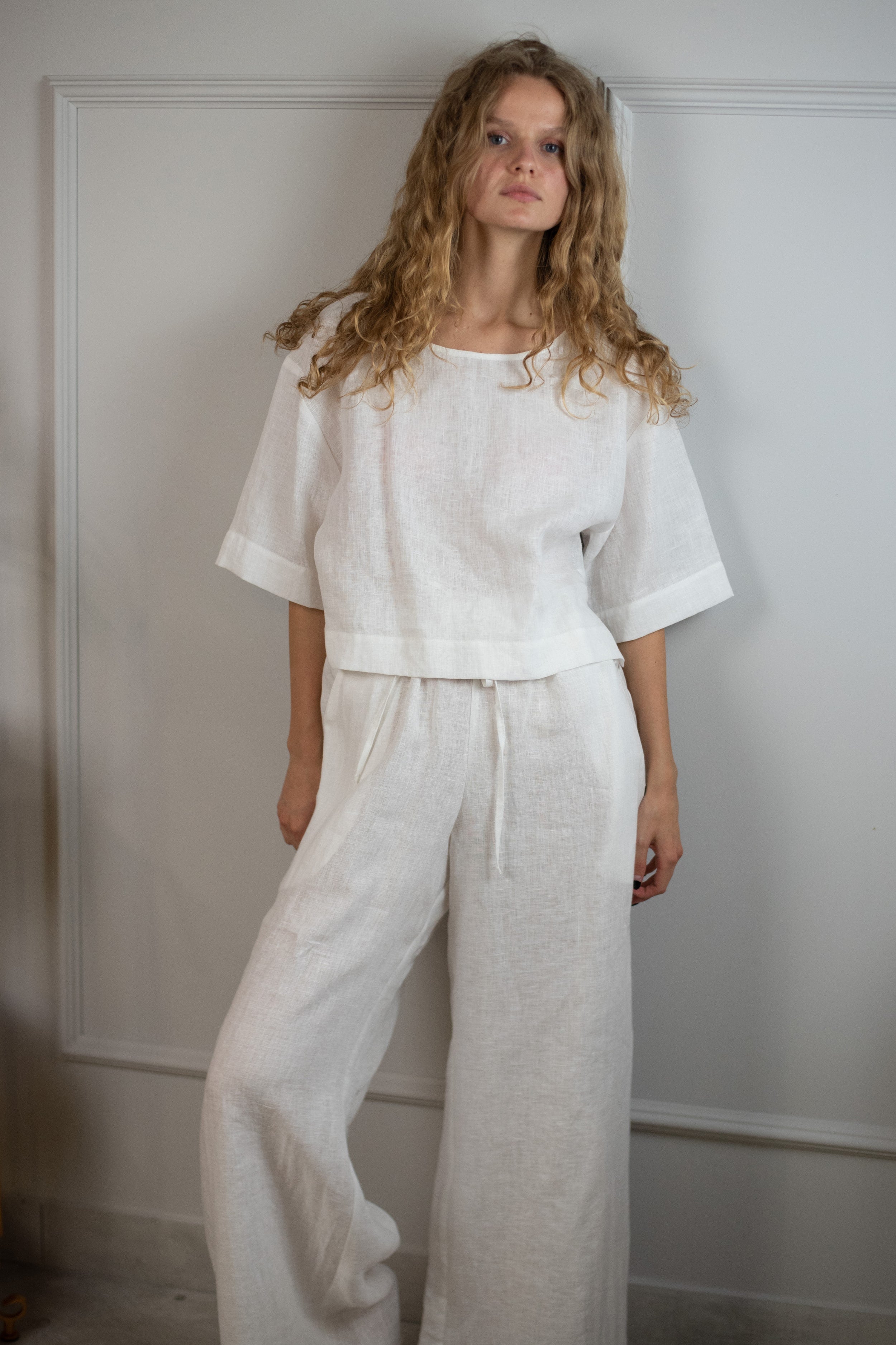 Льняные брюки для дома 002 White