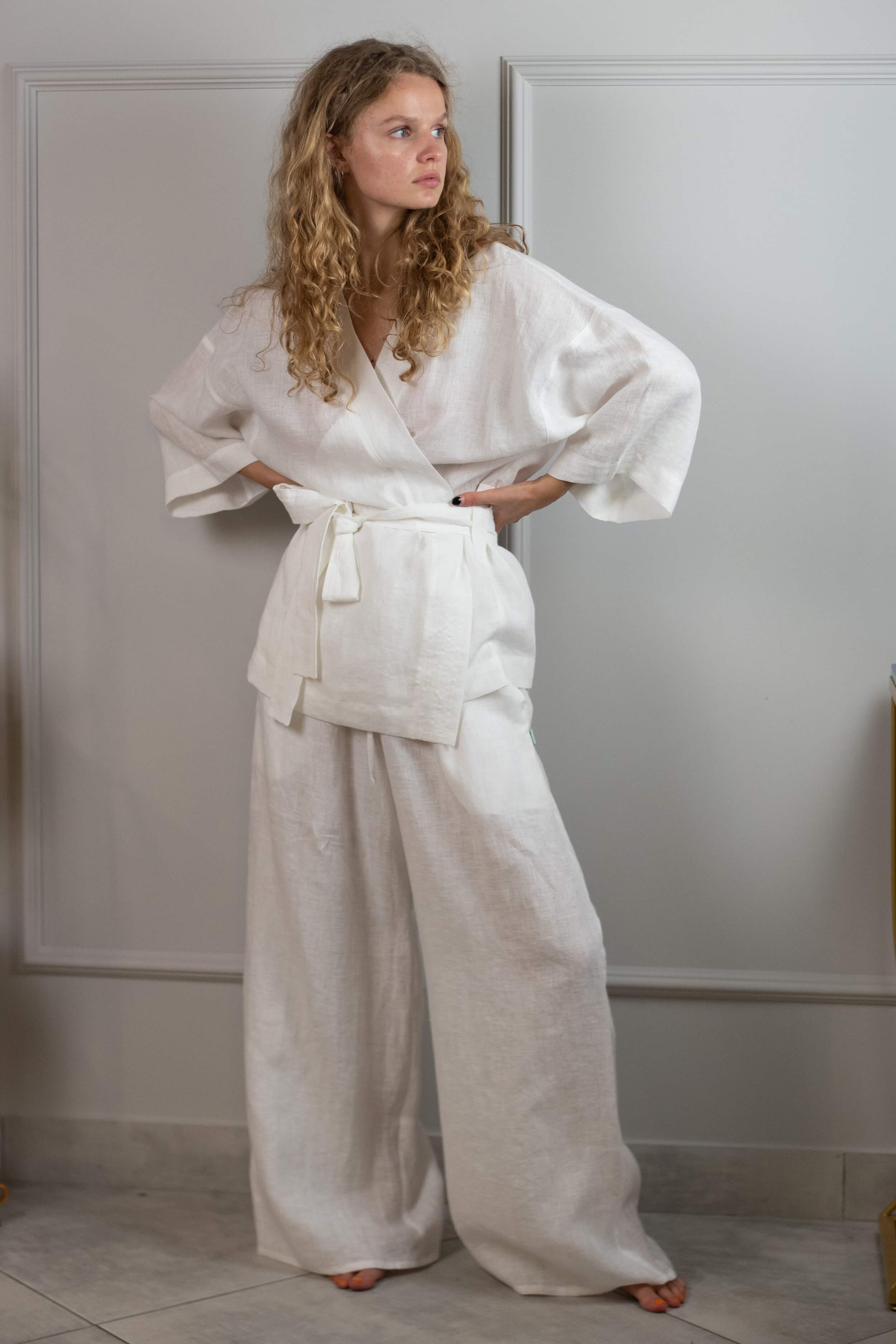 Льняные брюки для дома 002 White