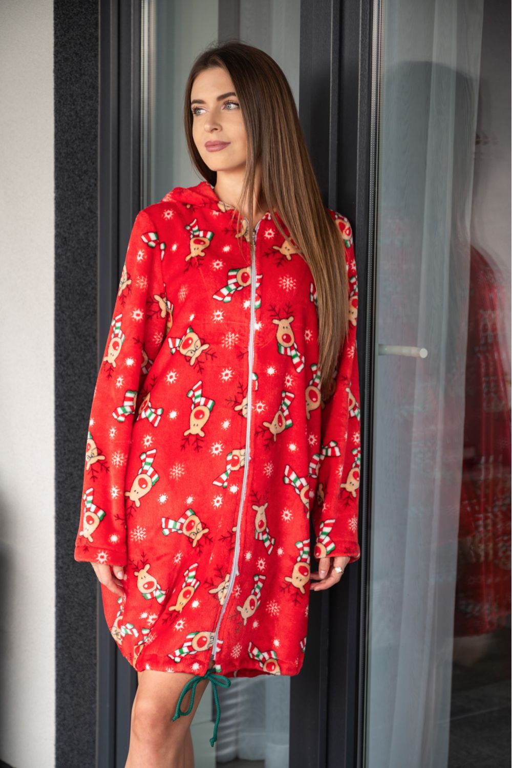 Флисовый халат с новогодним принтом 1412 red