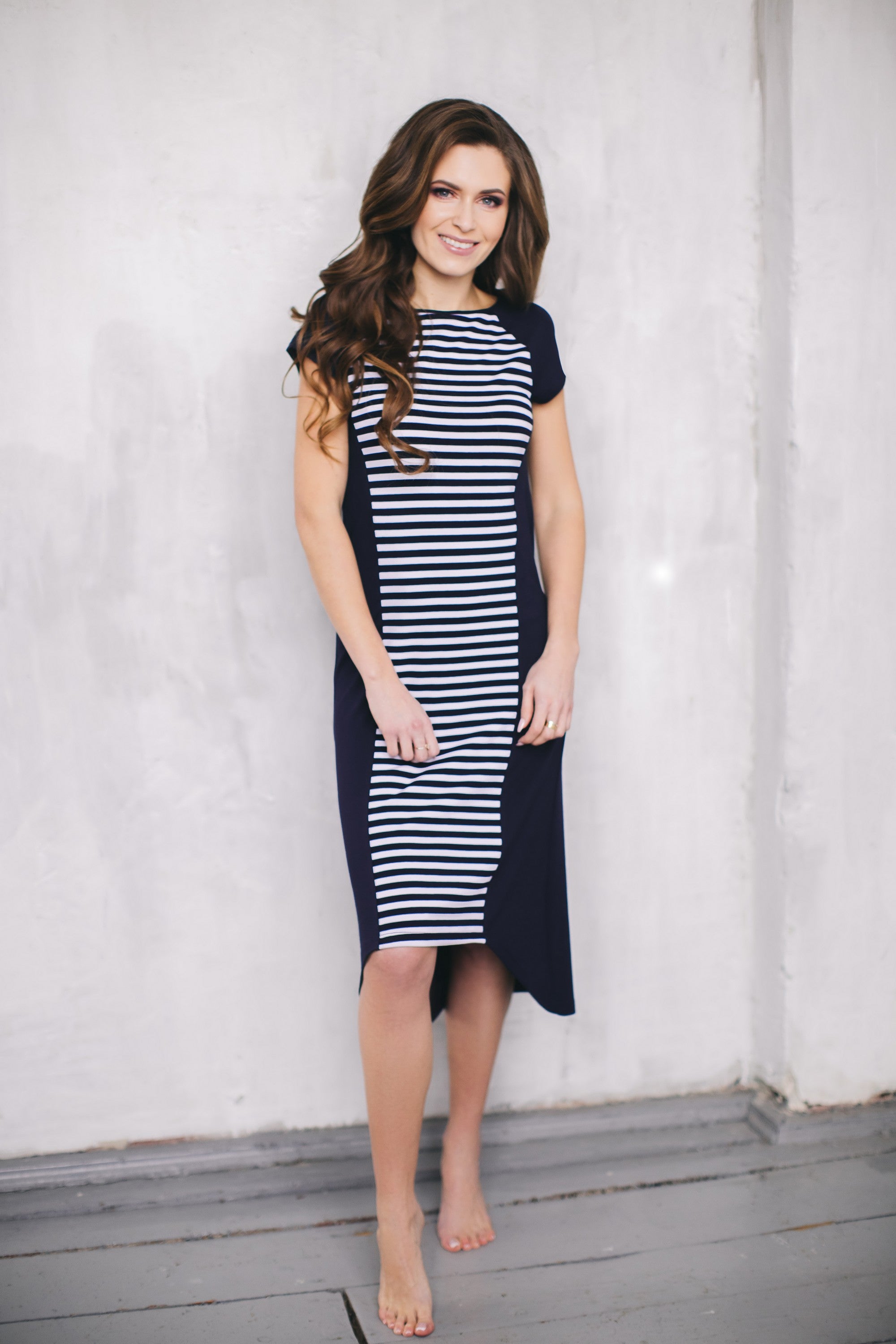 Трикотажное домашнее платье в полоску 421 blue