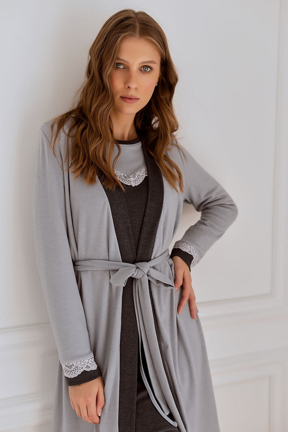 Хлопковый халат с поясом GR-5070 Gergia light grey